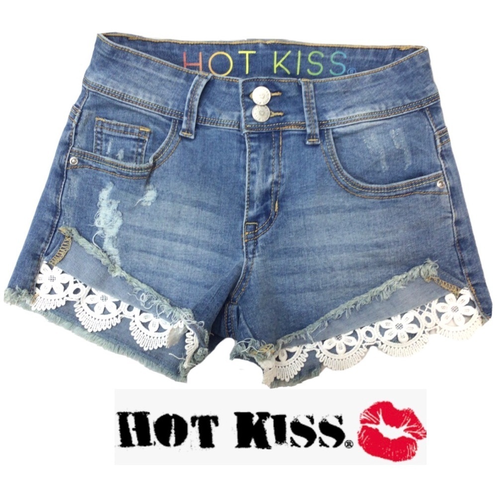 Hot Kiss Juniors High Rise Lace & Denim Shorts 0